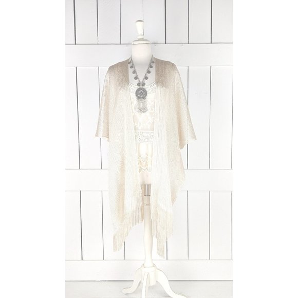 Light gold metallic mesh kimono cover up fringe jacket - Picture 2 of 5